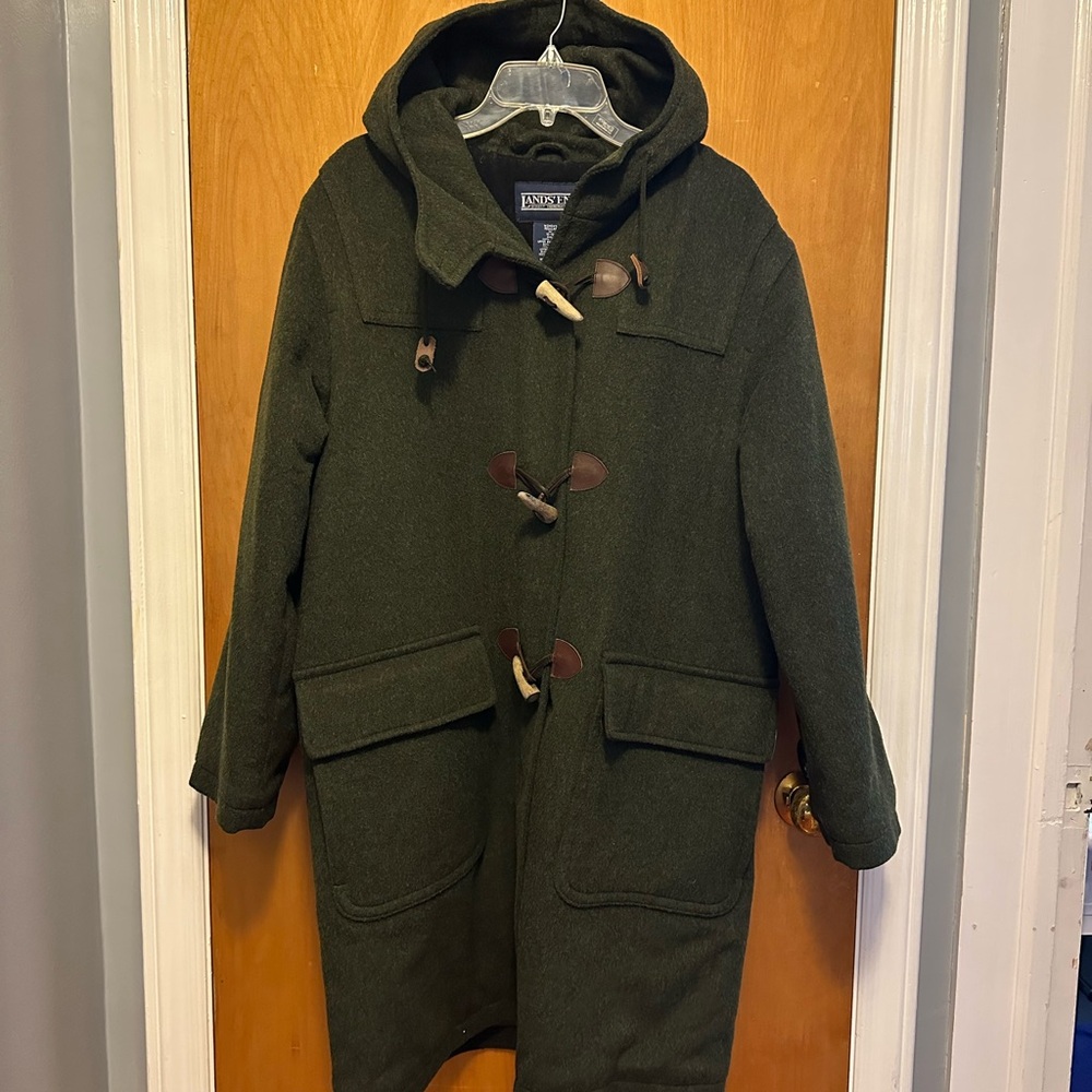 Lands' End 100 % wool Green Pea Coat with Brown Toggle Accents